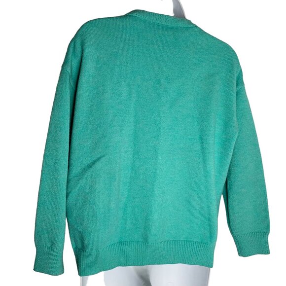 Embroidered Knit Cardigan Sweater M Blue Green Buttons V Neck Yarn Flowers Beads - Picture 5 of 5